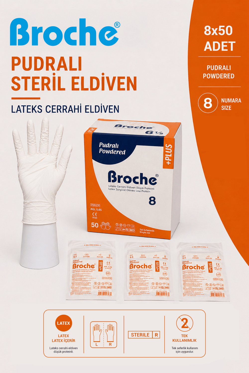 PUDRALI STERİL CERRAHİ ELDİVEN NO: 8 8'Lİ PAKET