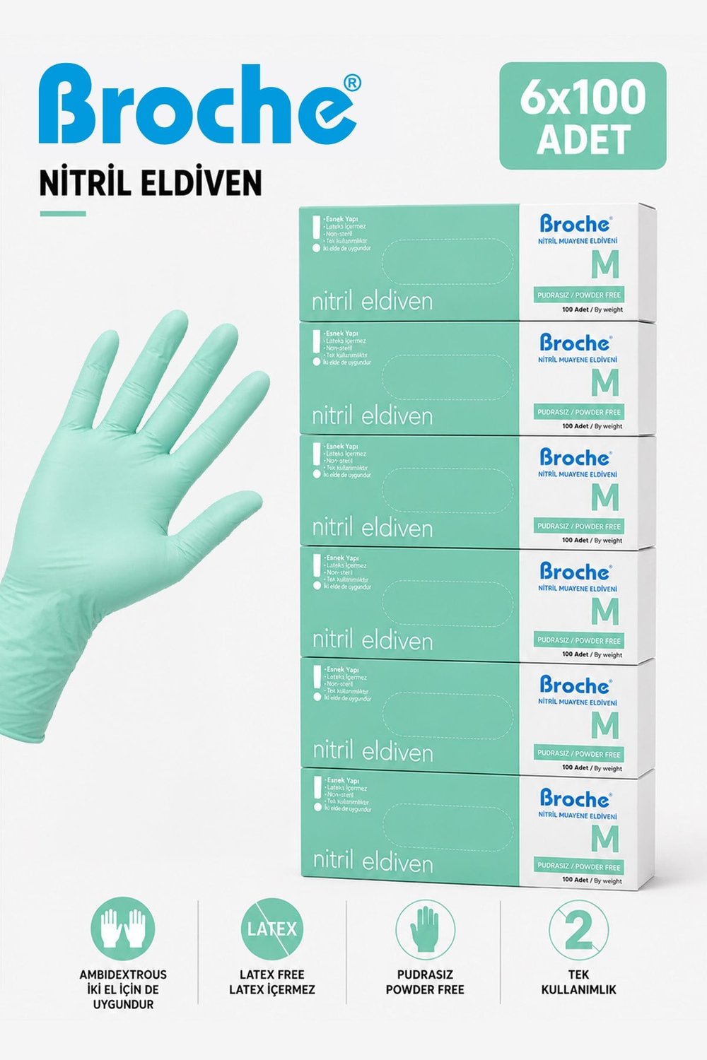 PUDRASIZ NİTRİL ELDİVEN TURKUAZ YEŞİLİ 6LI PAKET