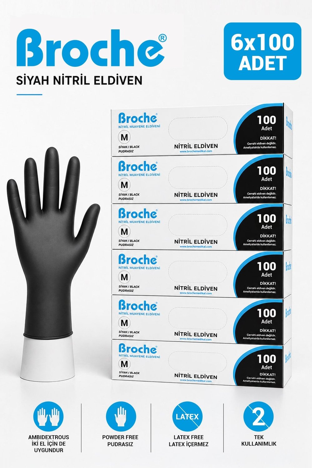PUDRASIZ SİYAH NİTRİL ELDİVEN M BEDEN 6'LI PAKET