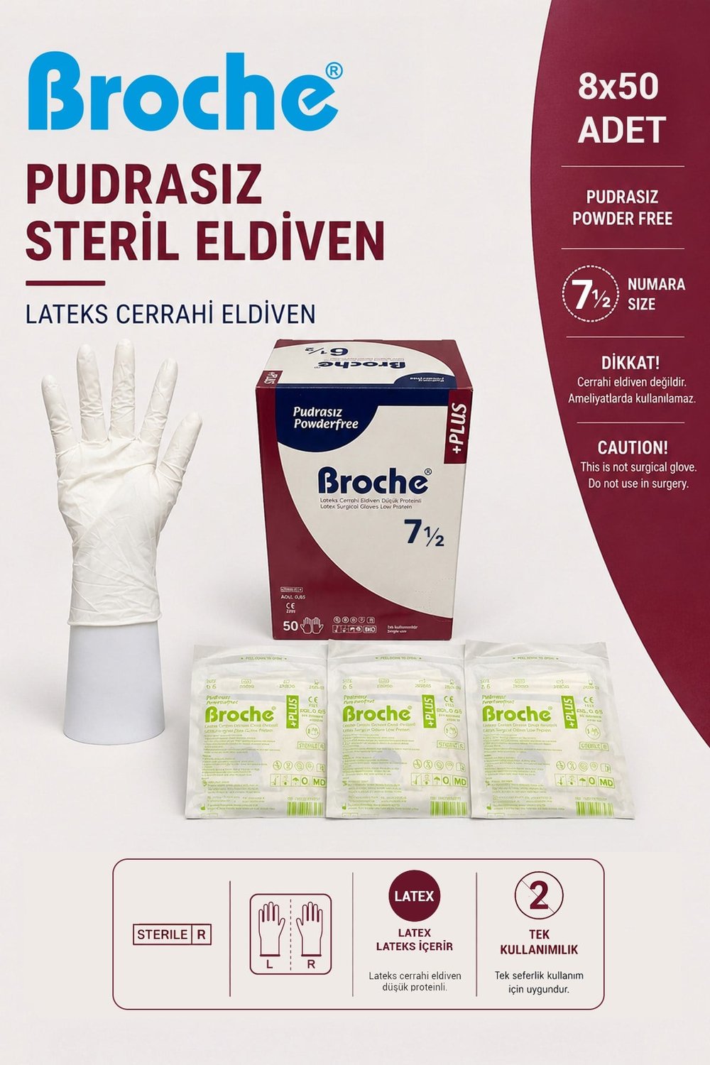 PUDRASIZ STERİL CERRAHİ ELDİVEN NO: 7,5 8'Lİ PAKET