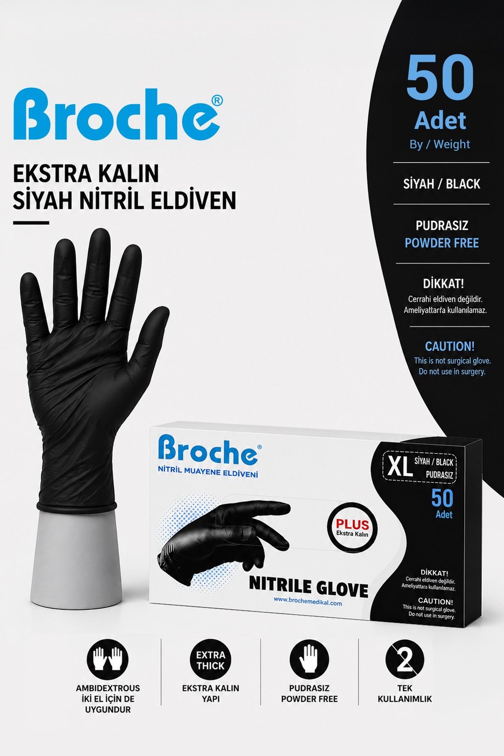 ULTRA EXTRA KALIN (5 GR) SİYAH NİTRİL MUAYENE ELDİVENİ 50'Lİ PAKET XL BEDEN