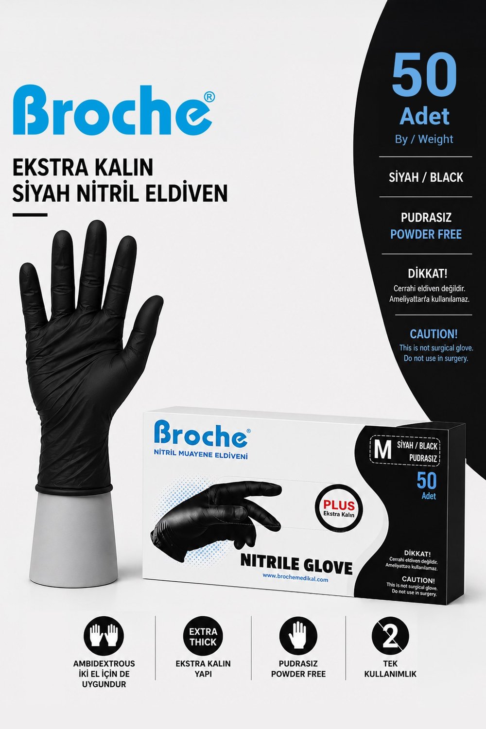 Ultra Extra Kalın Siyah Nitril Muayene Eldiveni Pudrasız 50li Paket - MEDİUM