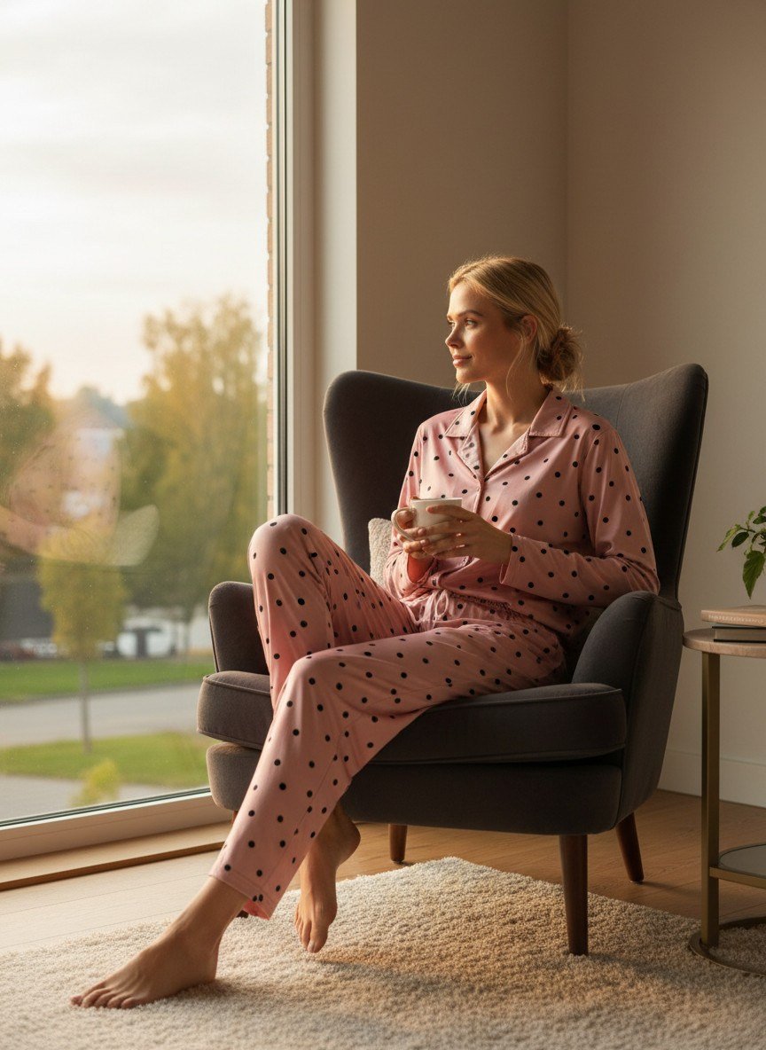 Uzun Kol Düğmeli Pembe Siyah Baskılı Pijama