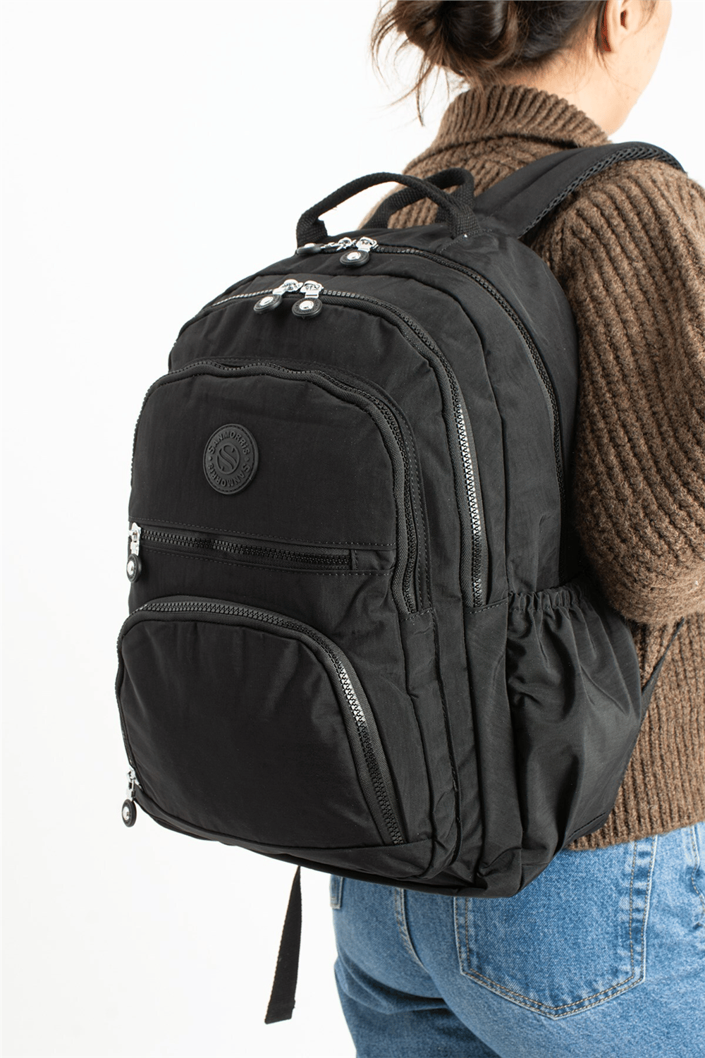 Sanmorris Unisex Suya Dayanıklı Krinkıl Kumaş Çok Gözlü Siyah Renkli Laptop Okul Ve Sırt Çantası