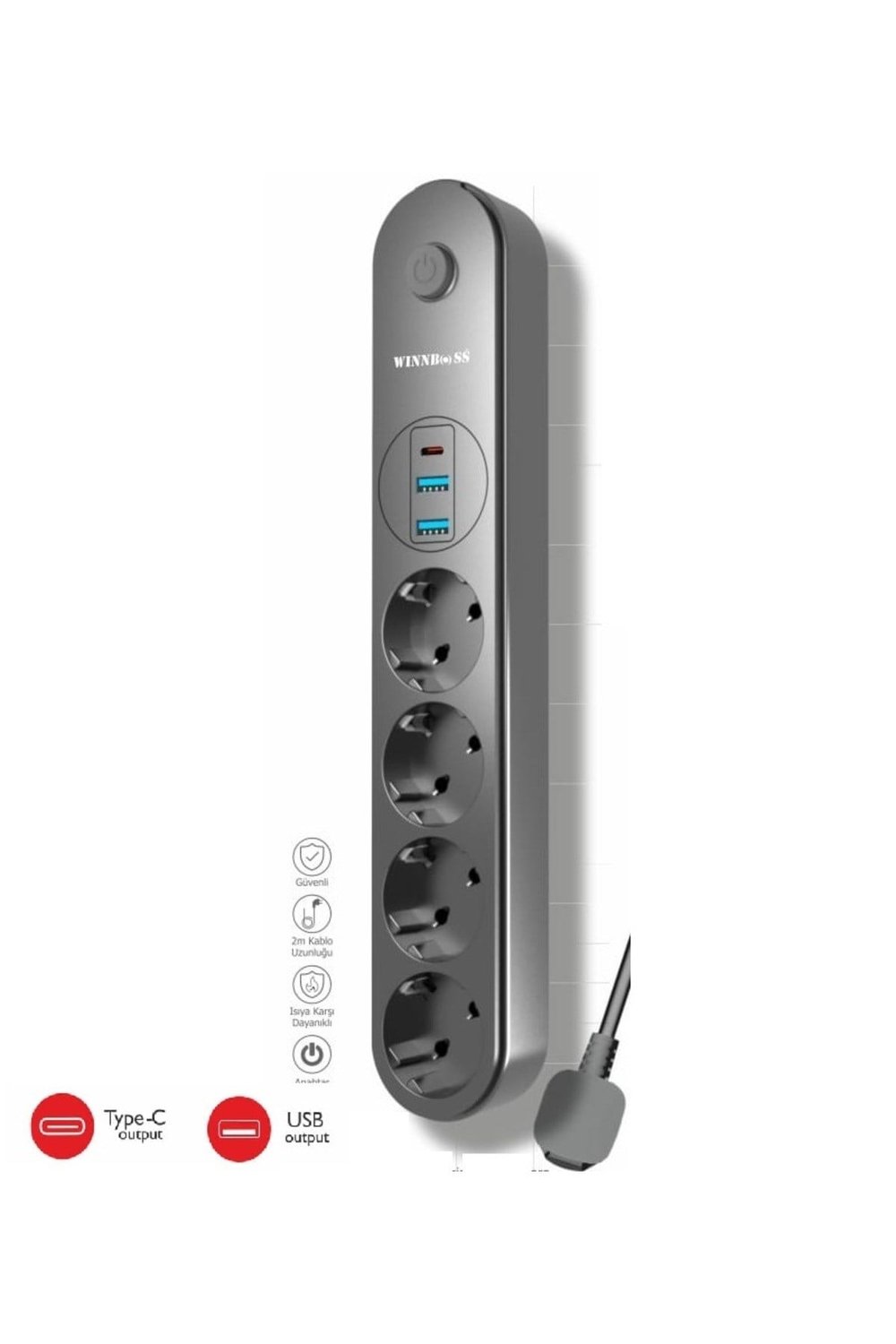 Termal Akım Korumalı Usb Ve Type C 2.1a Şarj Çıkışlı 10a 2500w 4'lü Uzatma Grup Priz Siyah 3402