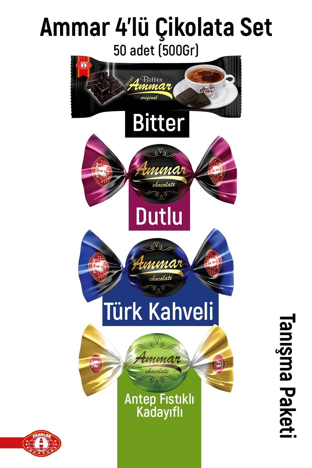 4'lü Çikolata Seti Mix , (50 Adet) 500 GR, Antep Fıstıklı Kadayıflı , Türk Kahveli, Dutlu, Bitter,