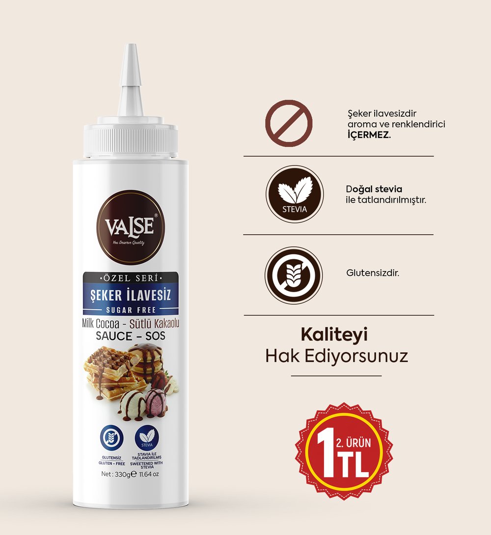 Şeker İlavesiz (Stevia'lı) Sütlü Kakaolu Sos (Glutensiz) 330 Gr Waffle & Meyve & Kek &Tatlı&Dondurma