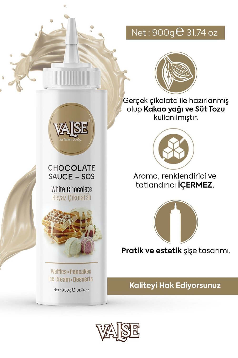 Gerçek Beyaz Çikolatalı Sos (Glutensiz) 900 Gr Waffle & Pankek & Meyve & Kek & Tatlı & Dondurma