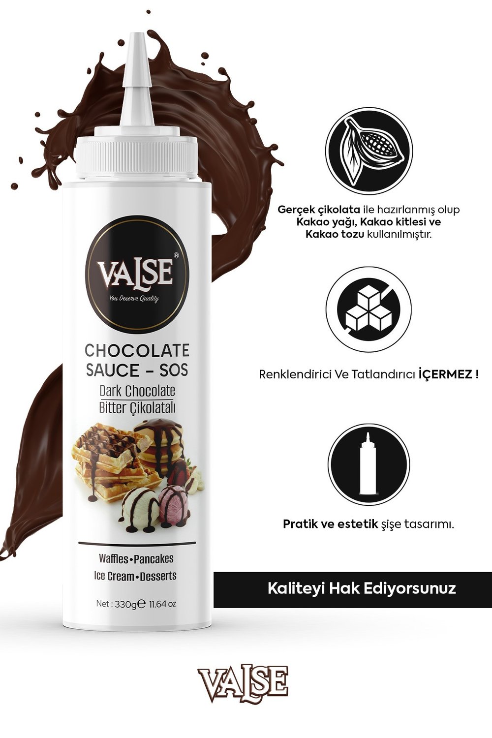 Gerçek Bitter Çikolatalı Sos (Glutensiz) 330 Gr Waffle & Pankek & Meyve & Kek & Tatlı & Dondurma