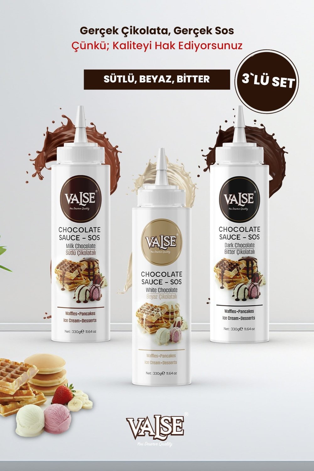 Gerçek Çikolatalı Sos Set 3 x 330 Gr (Sütlü ,Beyaz, Bitter) Glutensiz Waffle & Pankek & Meyve