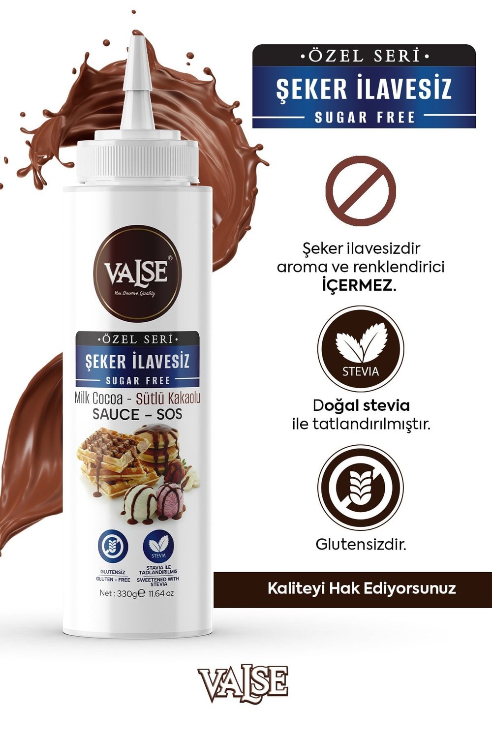 Şeker İlavesiz (Stevia'lı) Sütlü Kakaolu Sos (Glutensiz) 330 Gr Waffle & Meyve & Kek &Tatlı&Dondurma