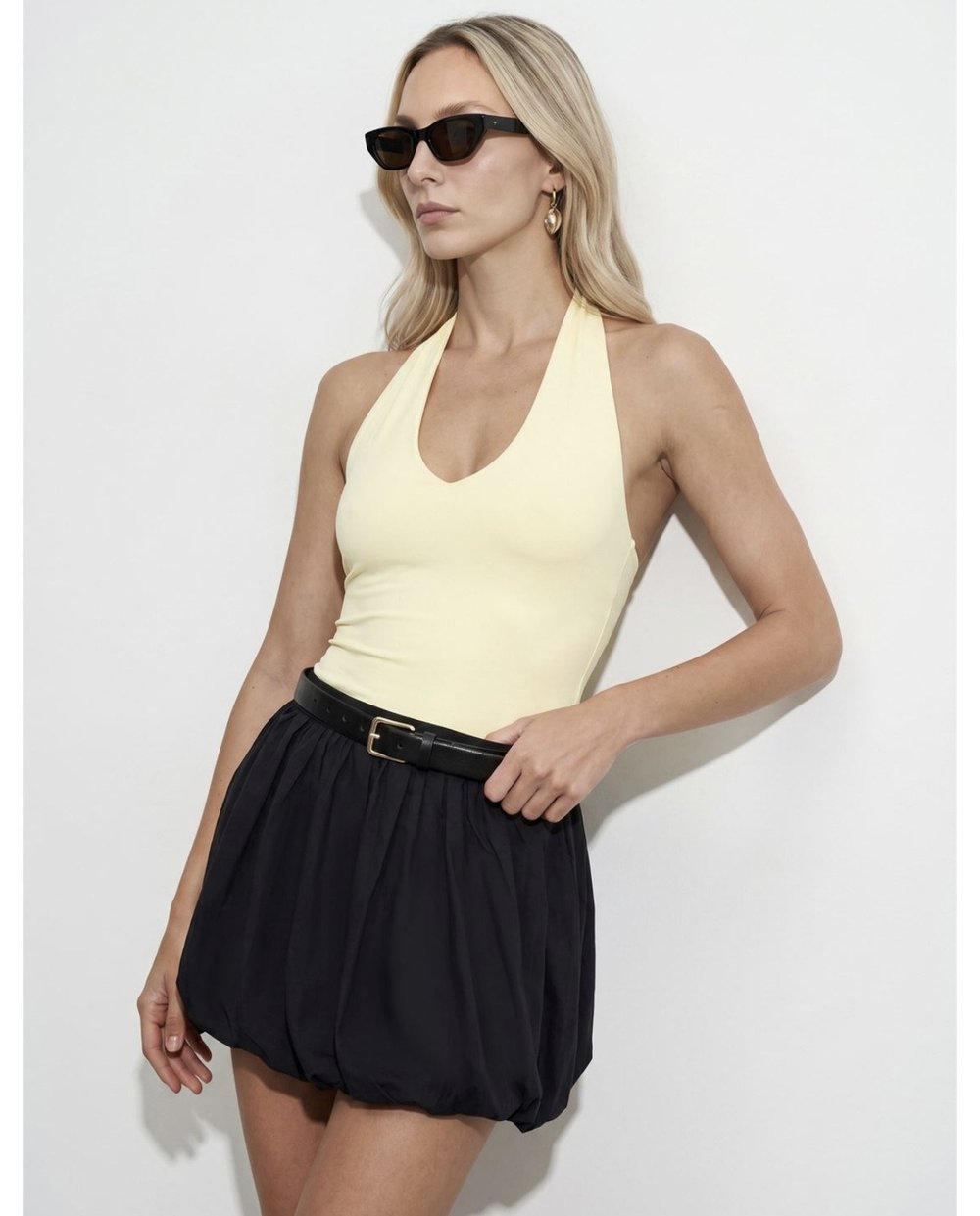 Halter Yaka Bodysuit Bluz Açık Sarı