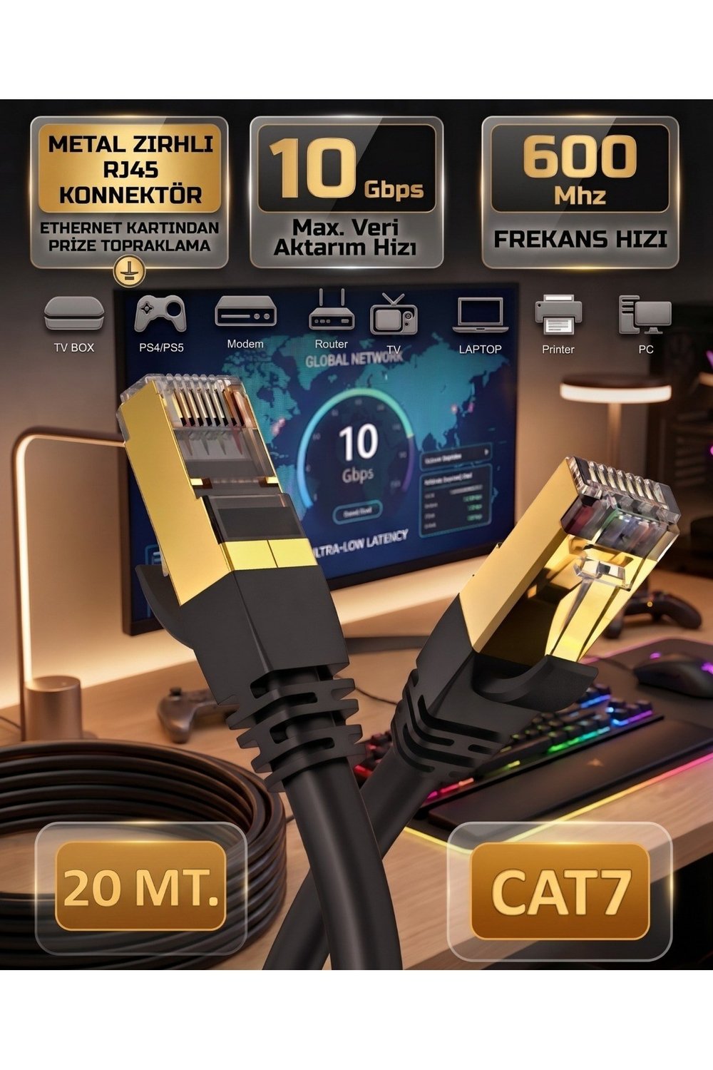 Cat7 Ethernet Kablosu 20 Metre 10 Gbps 600 MHz Metal Zırhlı