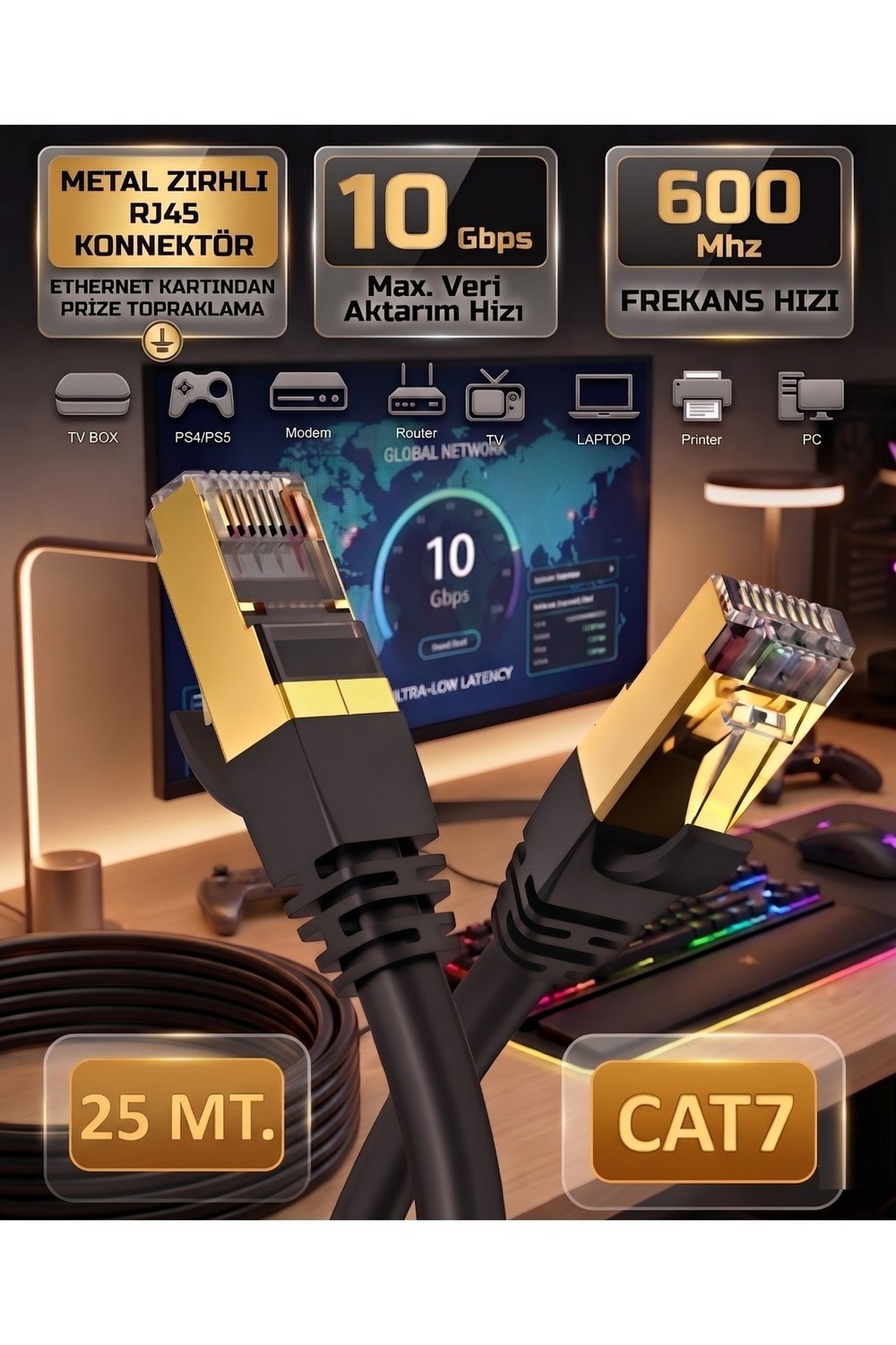 Cat7 Ethernet Kablosu 25 Metre 10 Gbps 600 MHz Metal Zırhlı