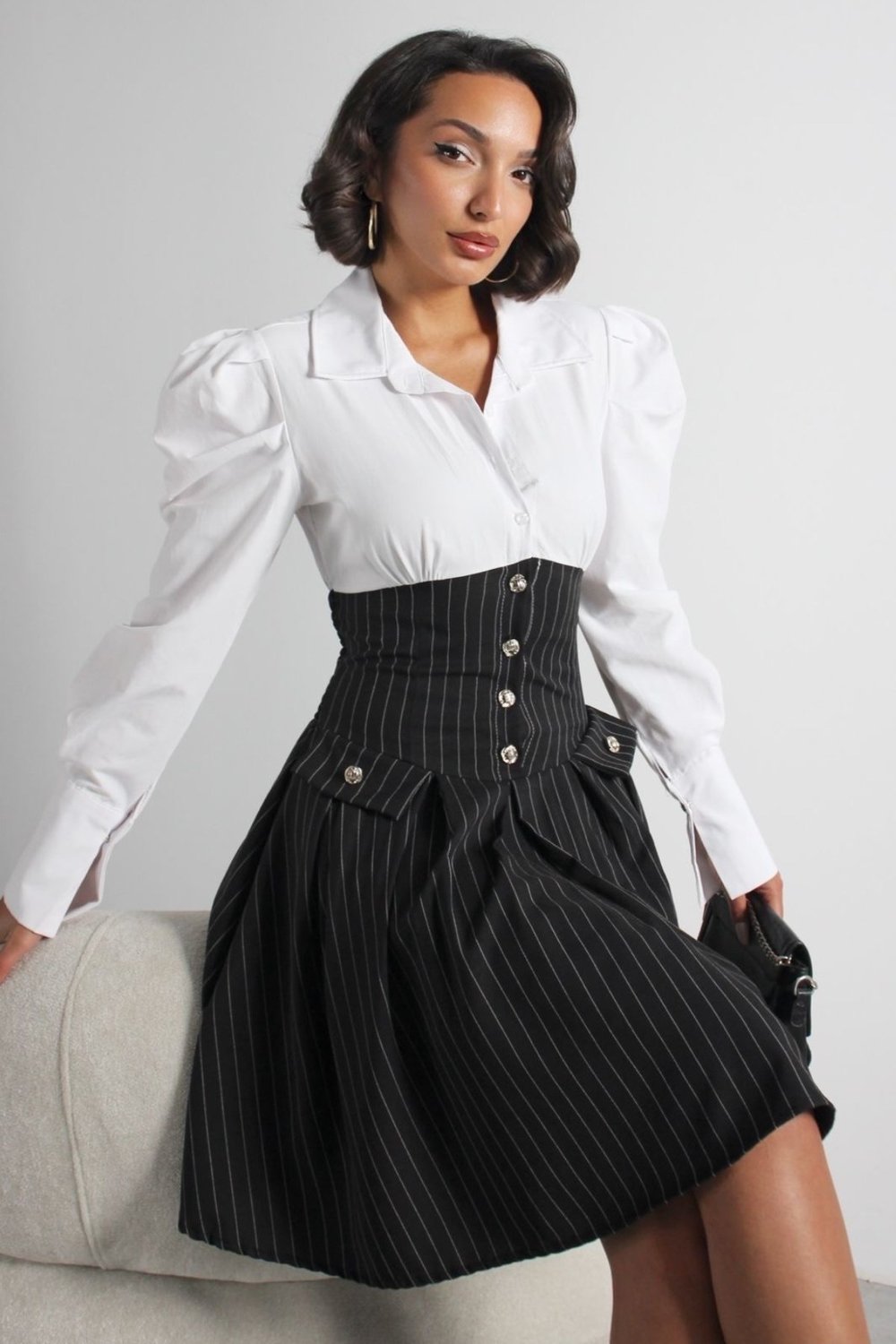 Kadın Beyaz Gömlek Üstlü Çizgili Korse Detaylı Zarif Vintage Stil Elbise