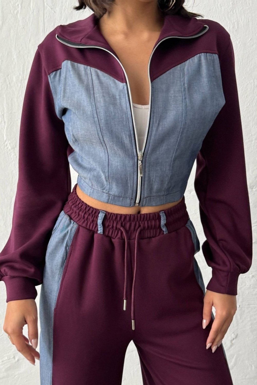 Kadın Denim Detaylı Garnili Fermuarlı Crop İkili Takım