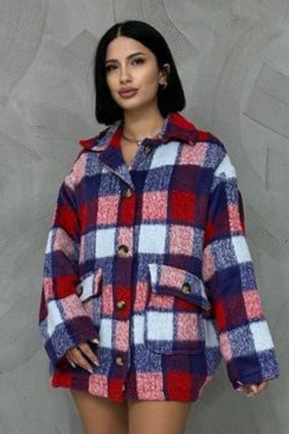 Kadın Ekose Desenli Yumoş Kumaş Oversize Astarlı Kaban Ceket