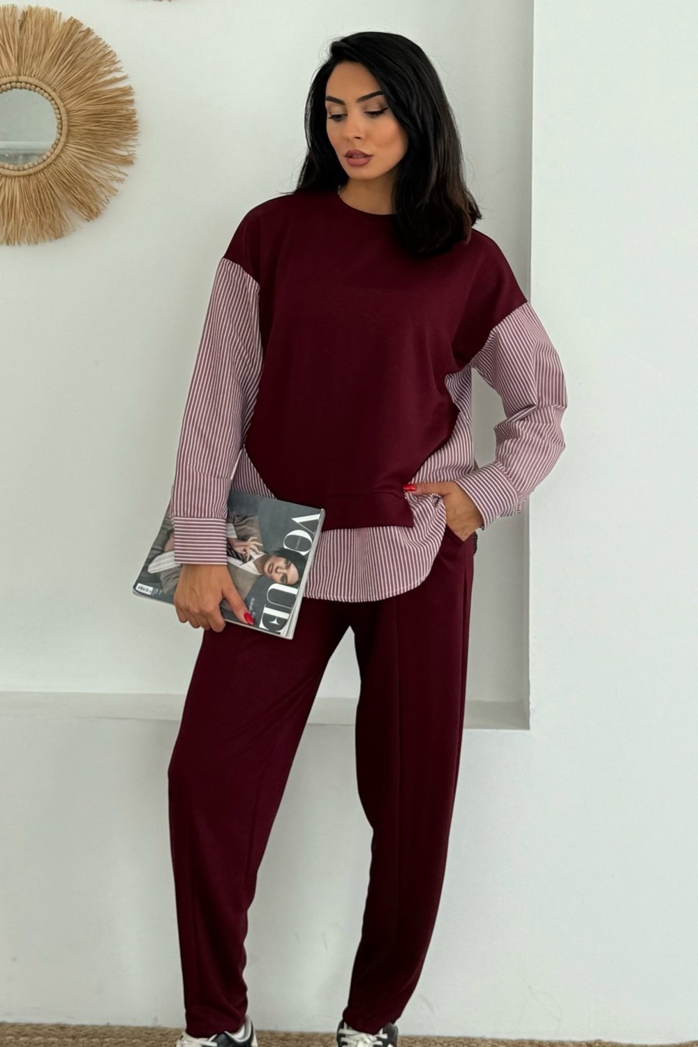 Kadın Mavi Beyaz Çizgili Modern Tasarım Uzun Kollu Gömlek Detaylı Sweatshirt Modal Takım