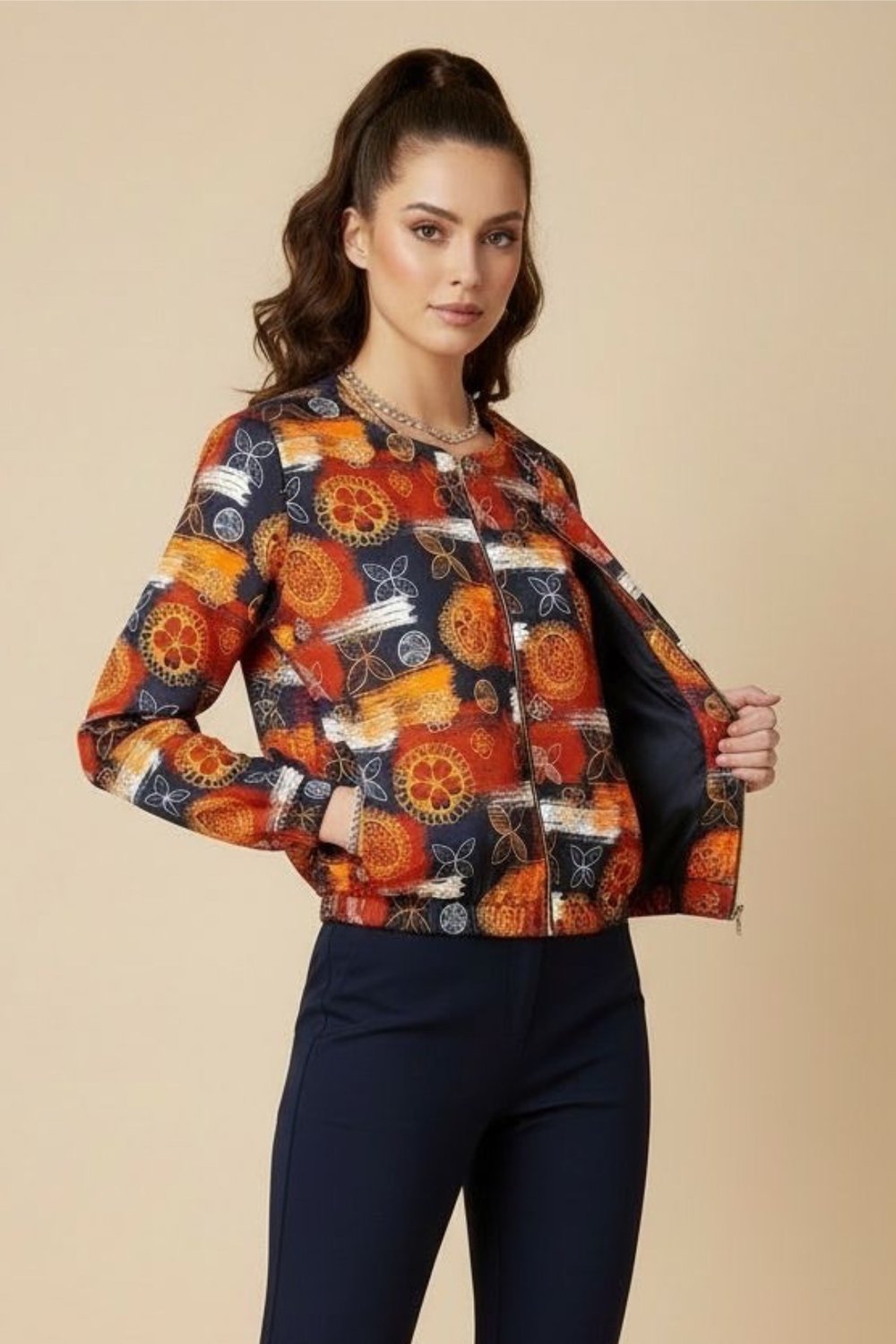 Kadın Renkli Floral ve Etnik Desenli Fermuarlı Scuba Bomber Ceket