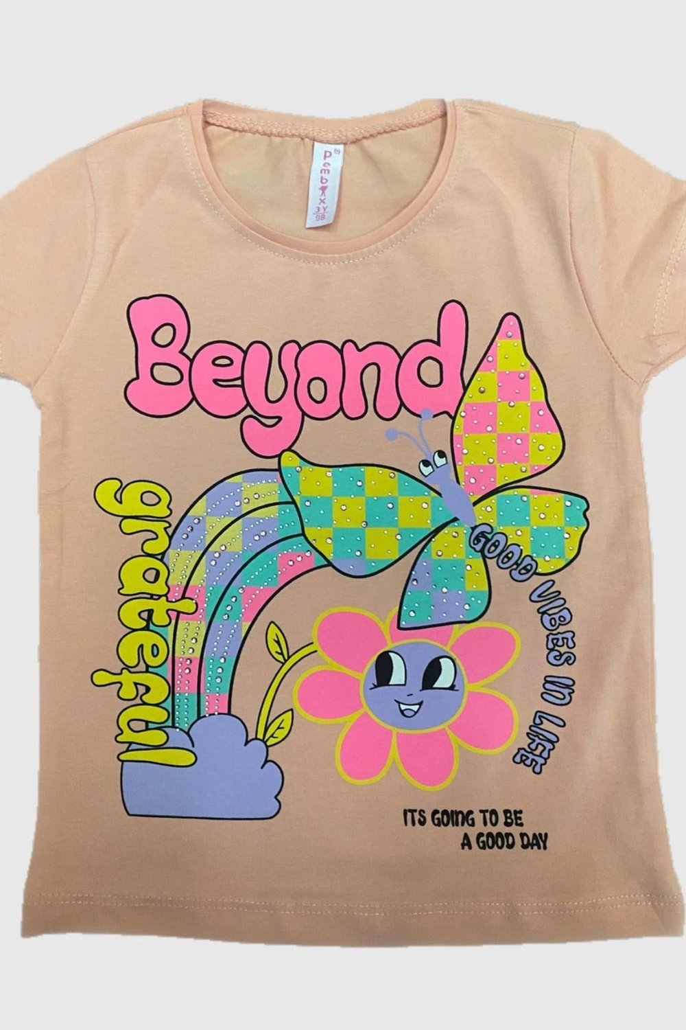 Kız Çocuk Taşlı Baskılı Kısa Kollu Penye Tshirt