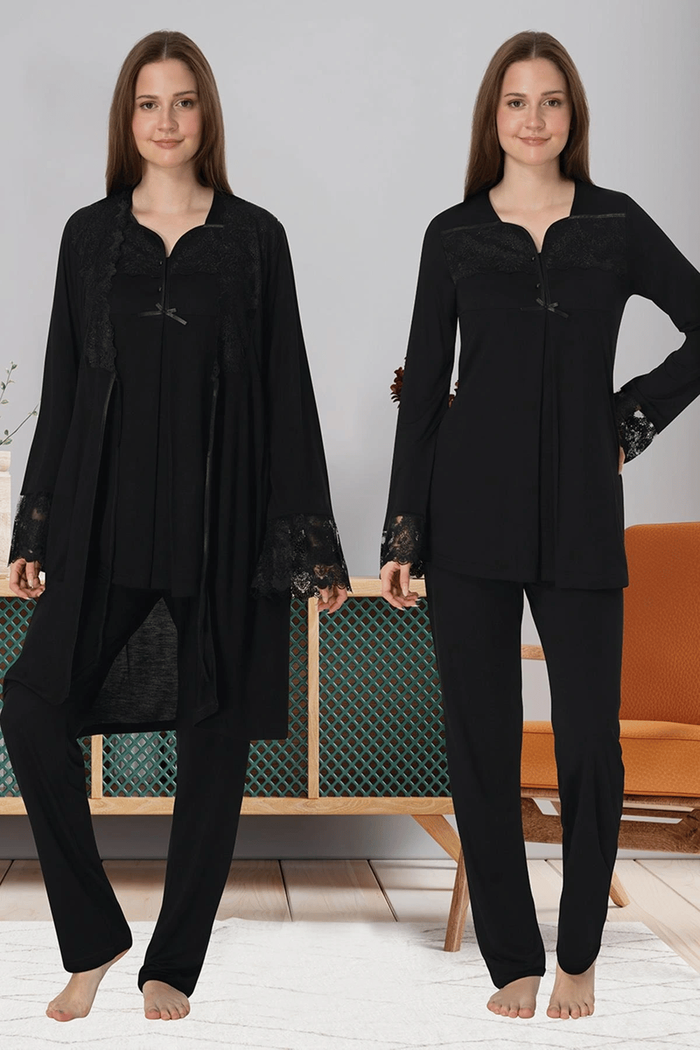Effortt 4084 Dantelli Sabahlıklı Lohusa Pijama Takımı