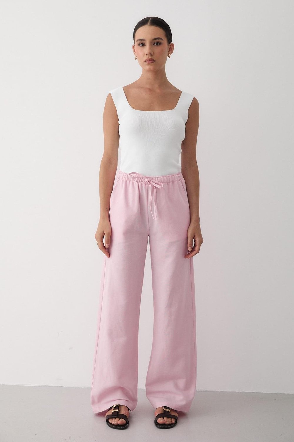 Kadın Beli Lastikli Bol Paça Palazzo Keten Pantolon PEMBE