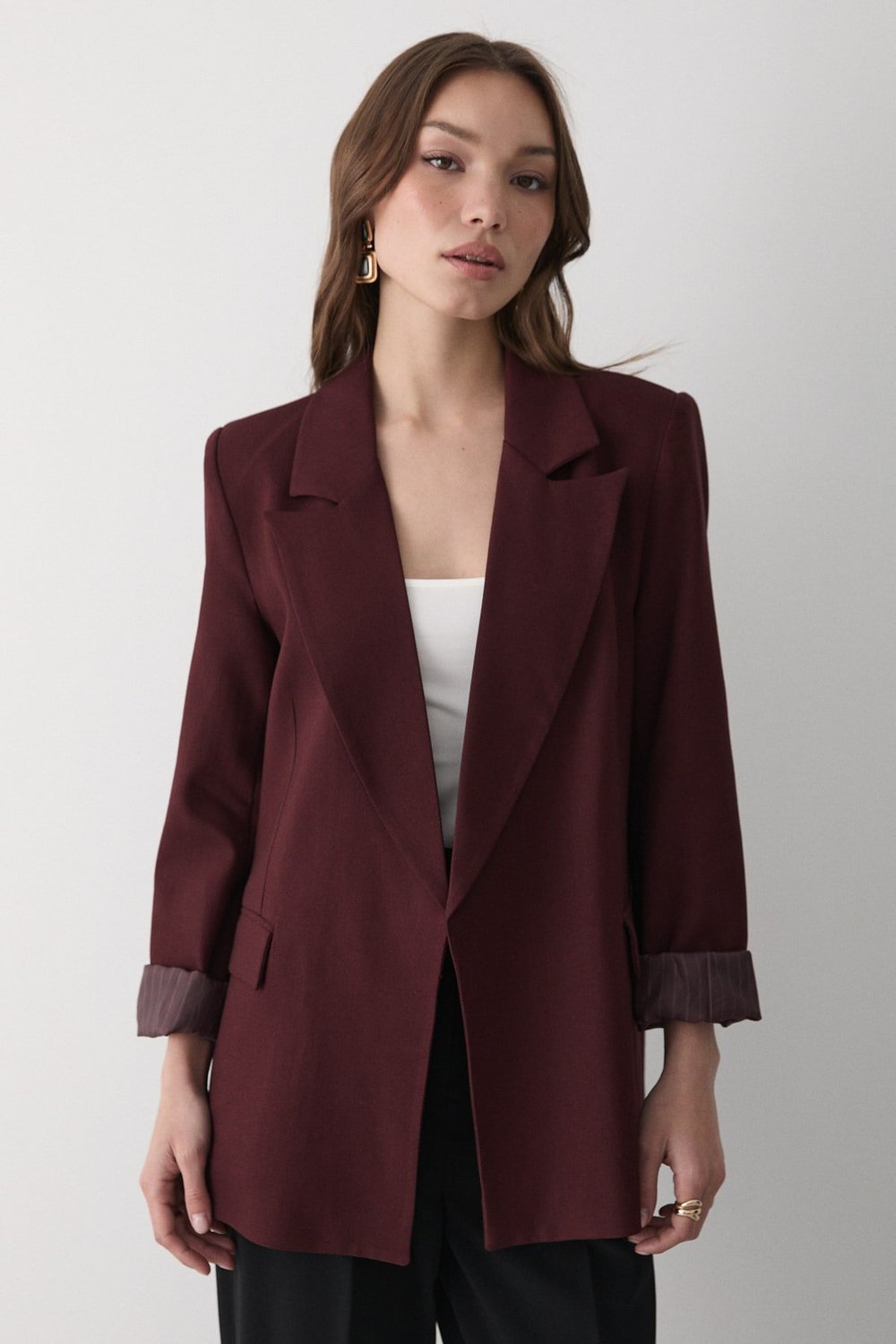 Kadın Bordo Çizgili Içi Astarlı Kol Detaylı Blazer Ceket