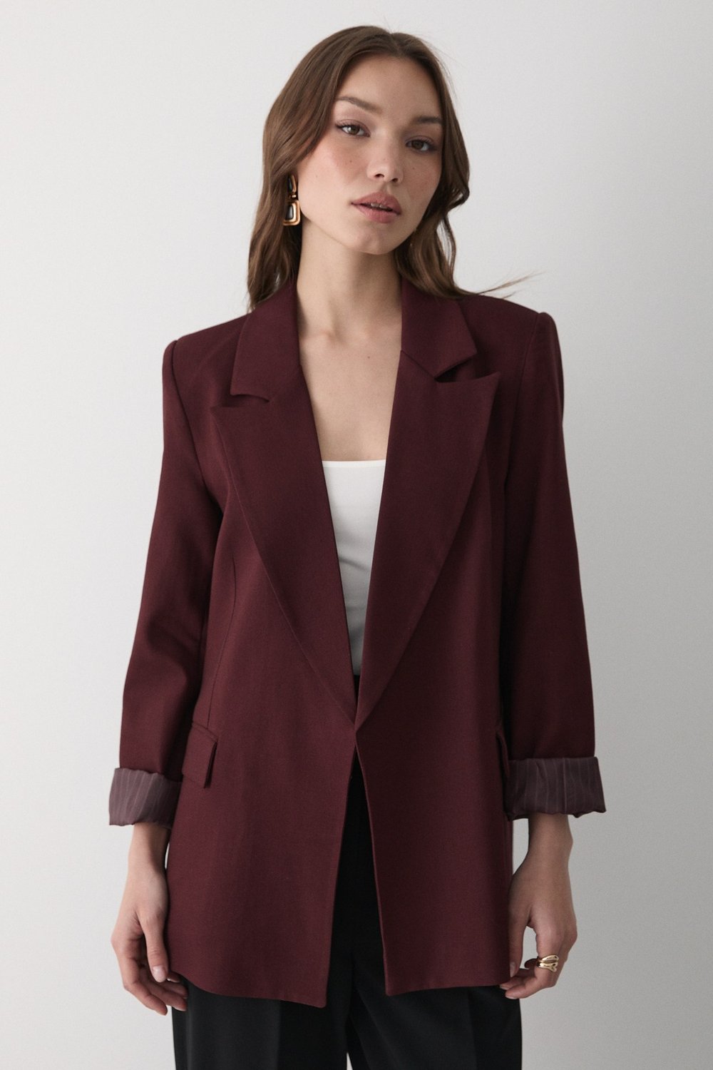 Kadın Bordo Çizgili Içi Astarlı Kol Detaylı Blazer Ceket