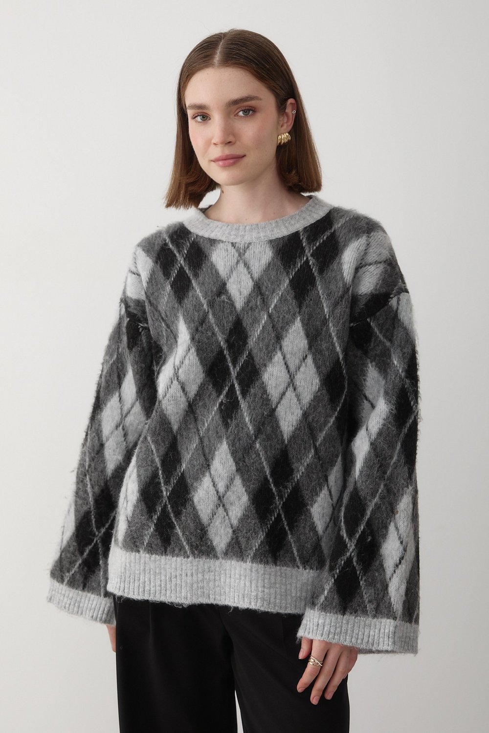 Kadın Gri Oversize Argyle Desenli Triko Kazak