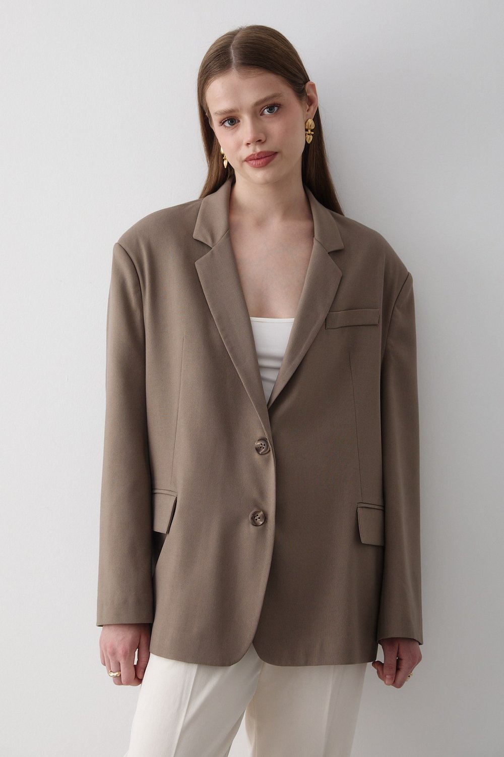 Kadın Haki Düğme Detaylı Oversize Blazer Ceket
