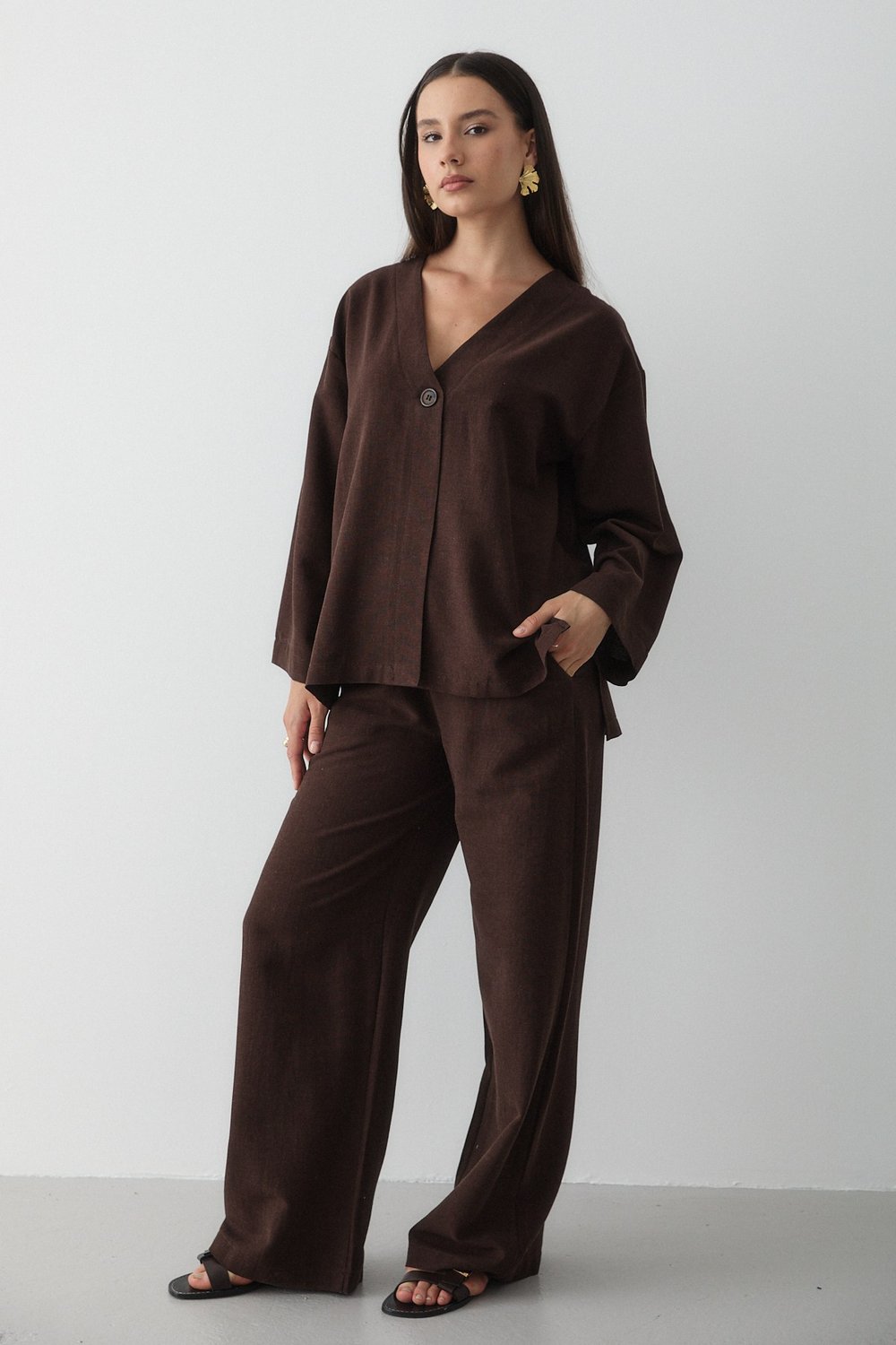 Kadın Kahverengi Düğmeli V Yaka Kimono & Beli Lastikli Pantolon Keten Alt & Üst Takım