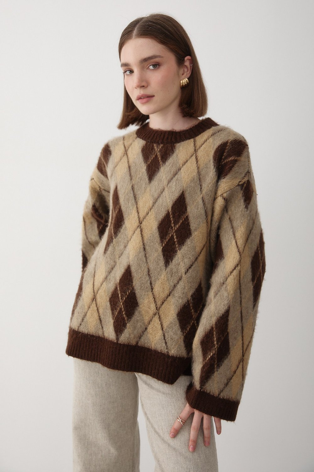 Kadın Kahverengi Oversize Argyle Desenli Triko Kazak