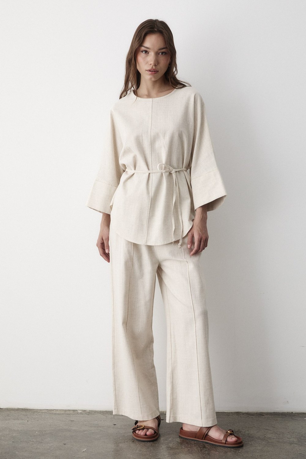 Kadın Keten Oversize Üst Bluz & Lastikli Pantolon Bol Paça Alt & Üst Takım