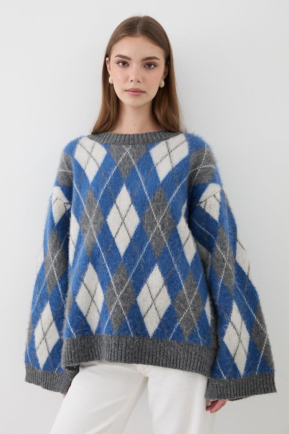Kadın Mavi Oversize Argyle Desenli Triko Kazak