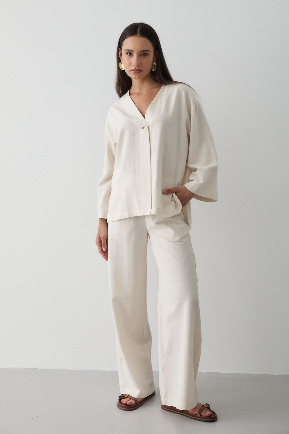 Kadın Naturel Düğmeli V Yaka Kimono & Beli Lastikli Pantolon Keten Alt & Üst Takım