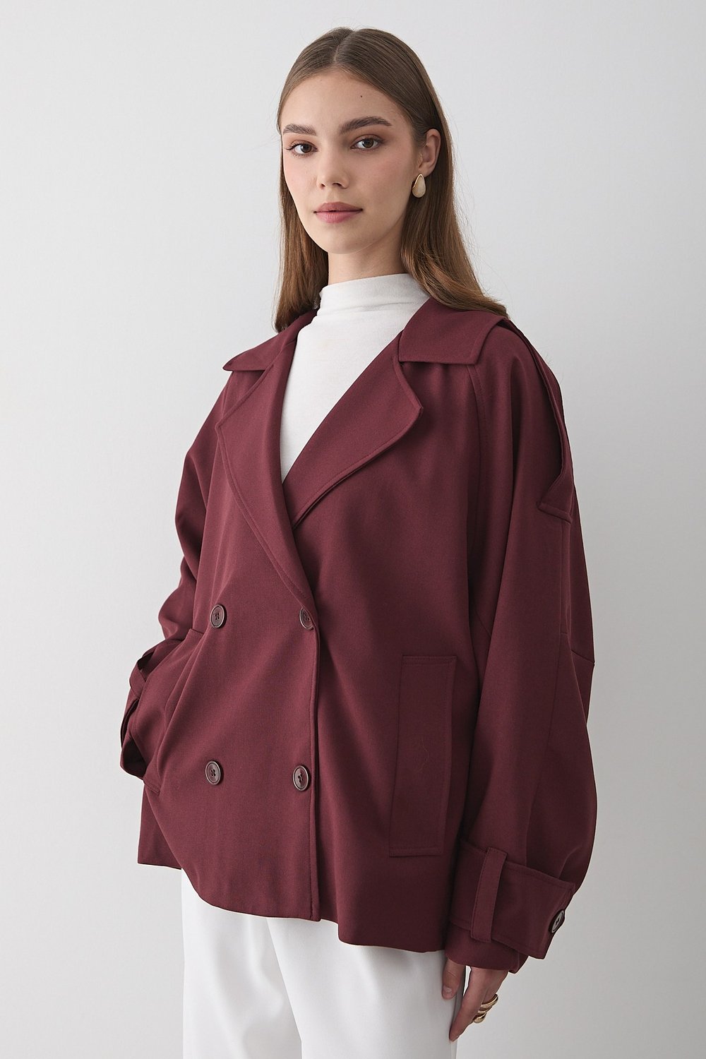 Kadın Oversize Kruvaze Yaka Kısa Trençkot
