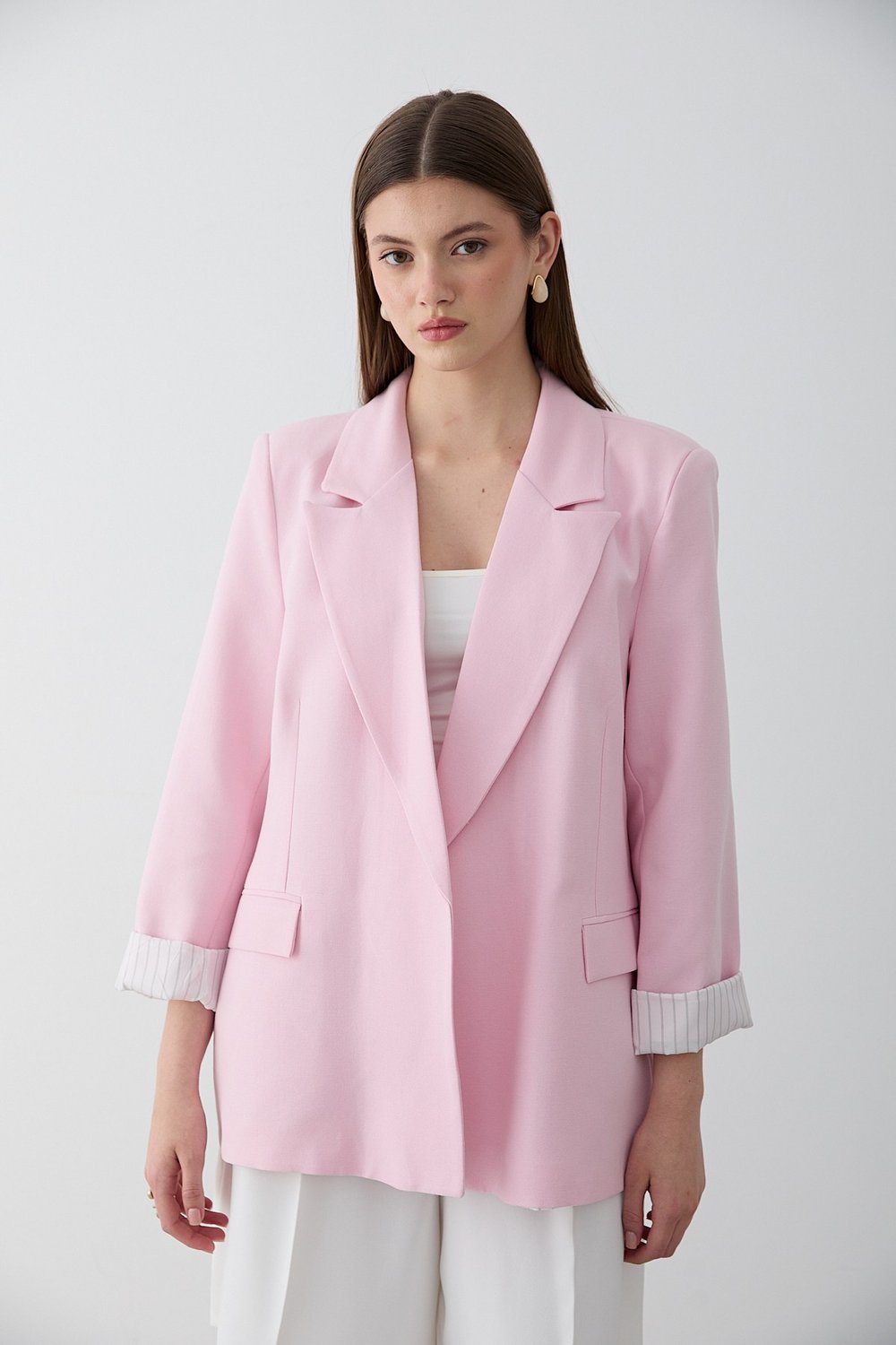 Kadın Pembe Çizgili İçi Astarlı Kol Detaylı Blazer Ceket