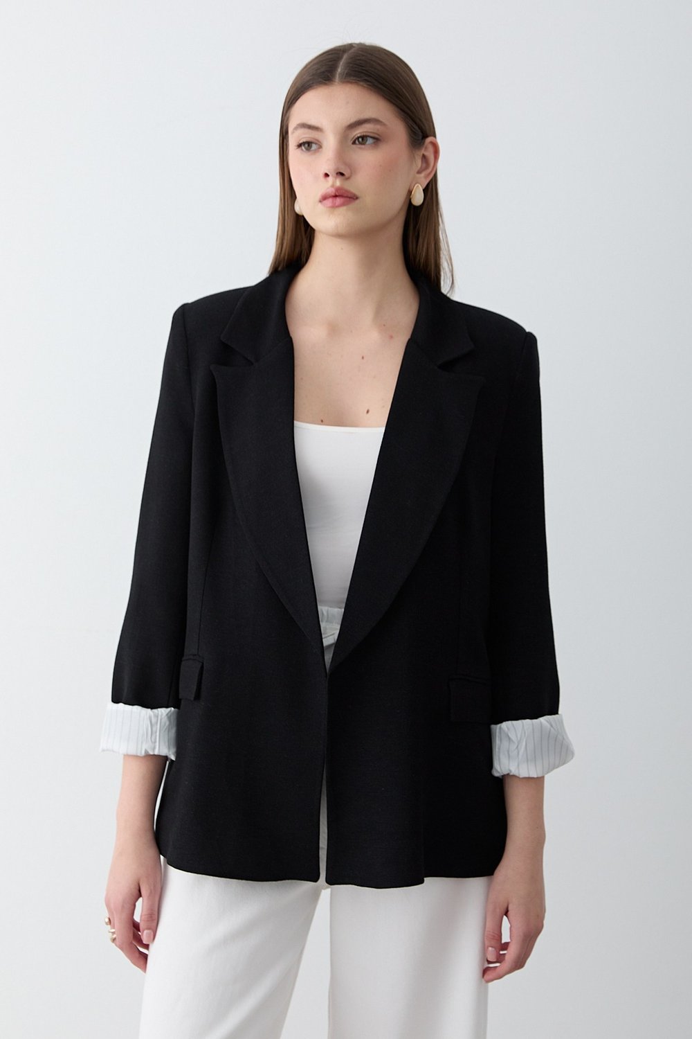 Kadın Siyah Çizgili İçi Astarlı Kol Detaylı Blazer Ceket