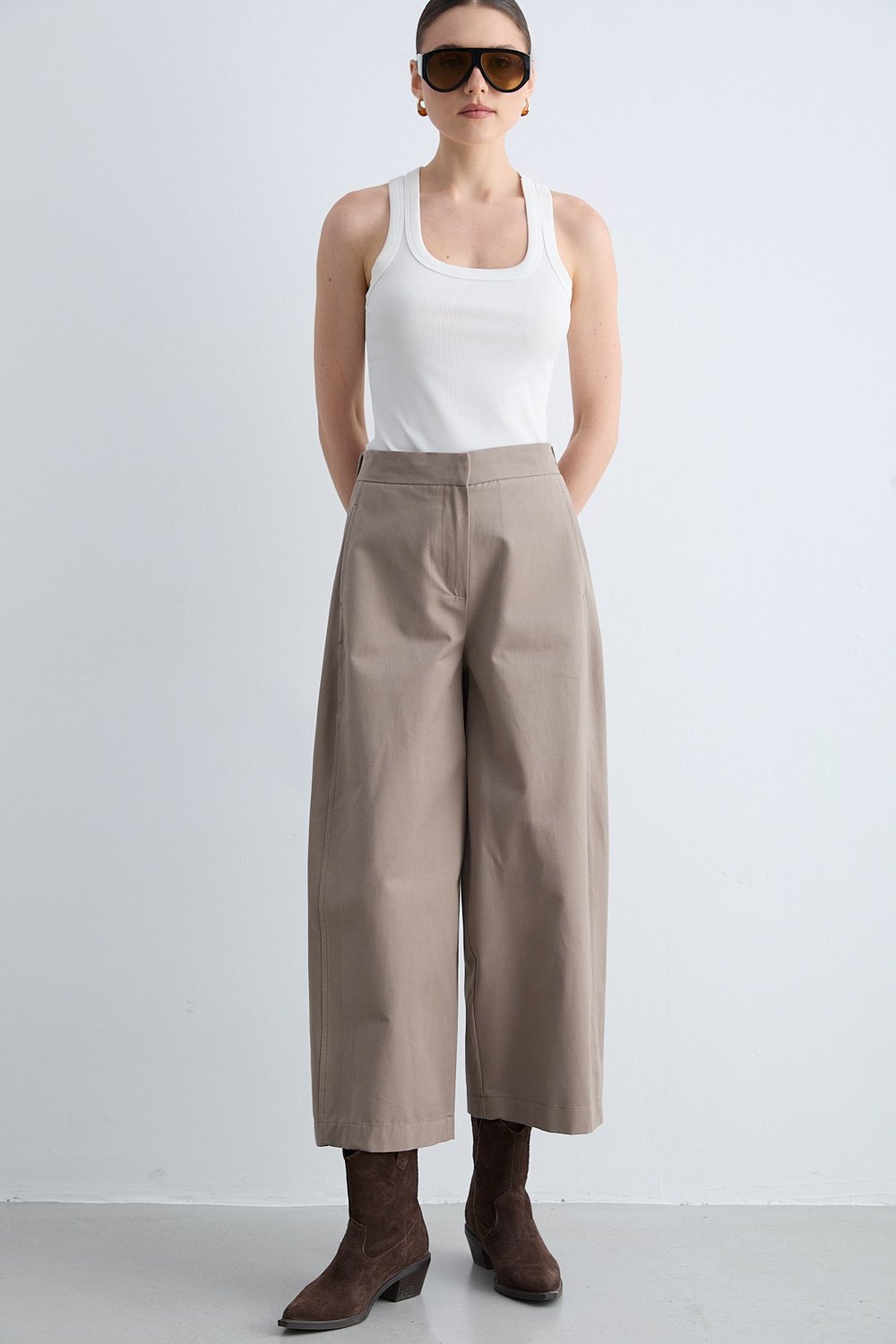 Kadın Yüksek Bel Geniş Paça Cep Detaylı Rahat Kesim Pantolon -Haki