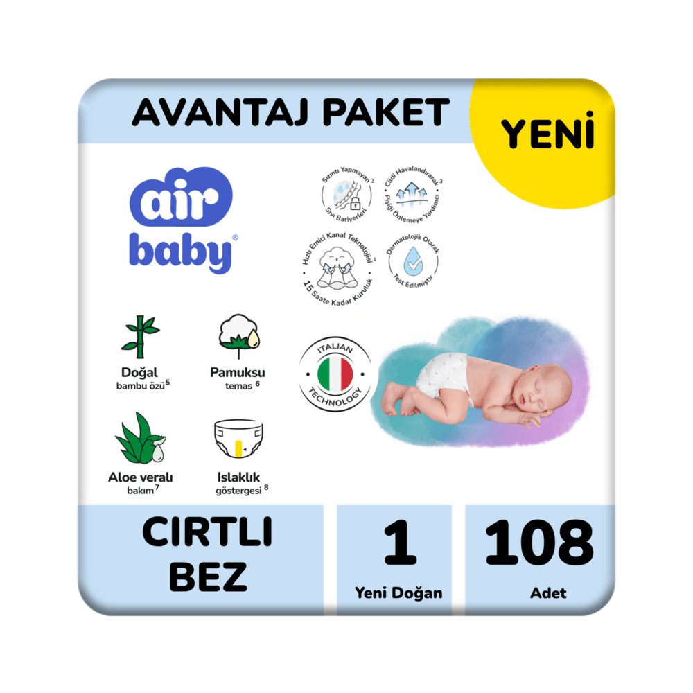 Air Baby Avantaj Paket Yeni Doğan Bebek Bezi 1 Numara 108 Adet (2 Paket) 2-5 kg