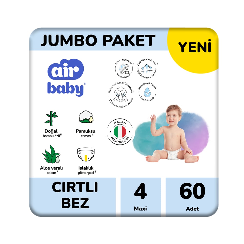 Air Baby Jumbo Paket Maxi Bebek Bezi 4 Numara 60 Adet 8-14 Kg