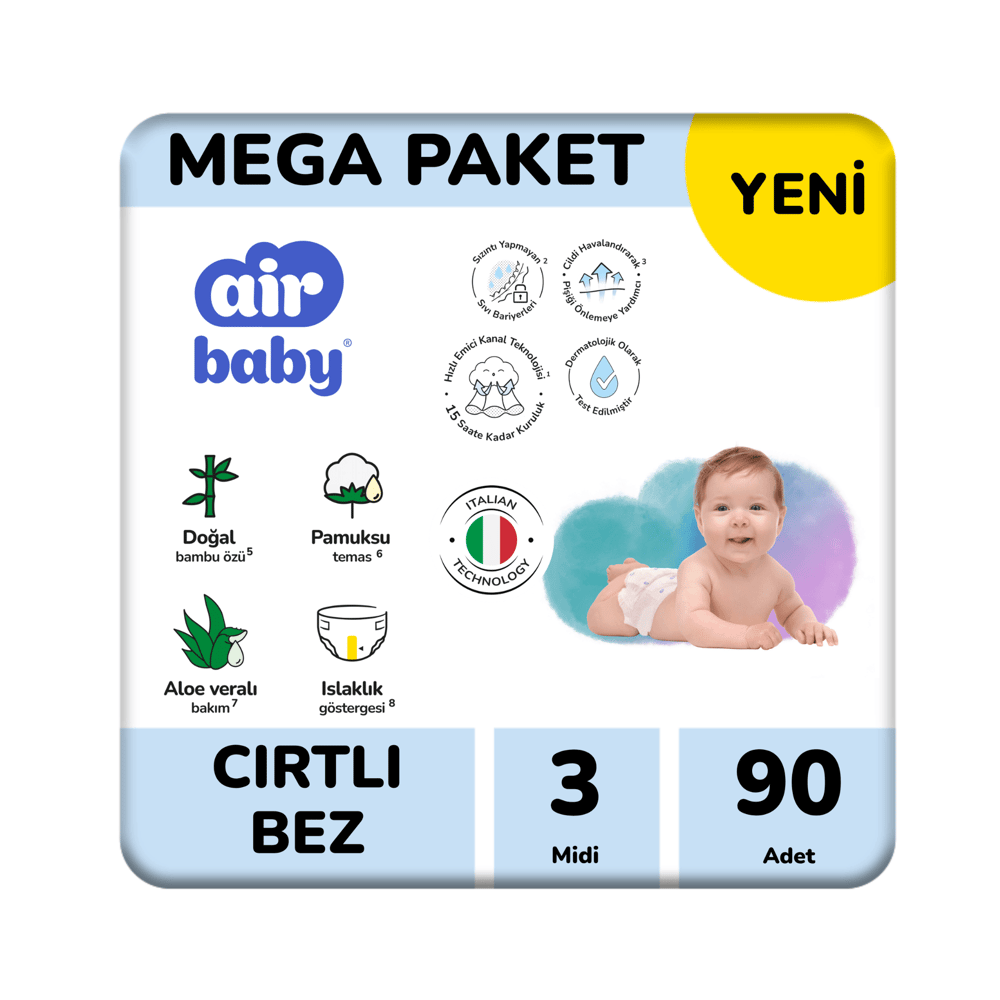 Air Baby Mega Paket Midi Bebek Bezi 3 Numara 90 Adet 4-9 Kg