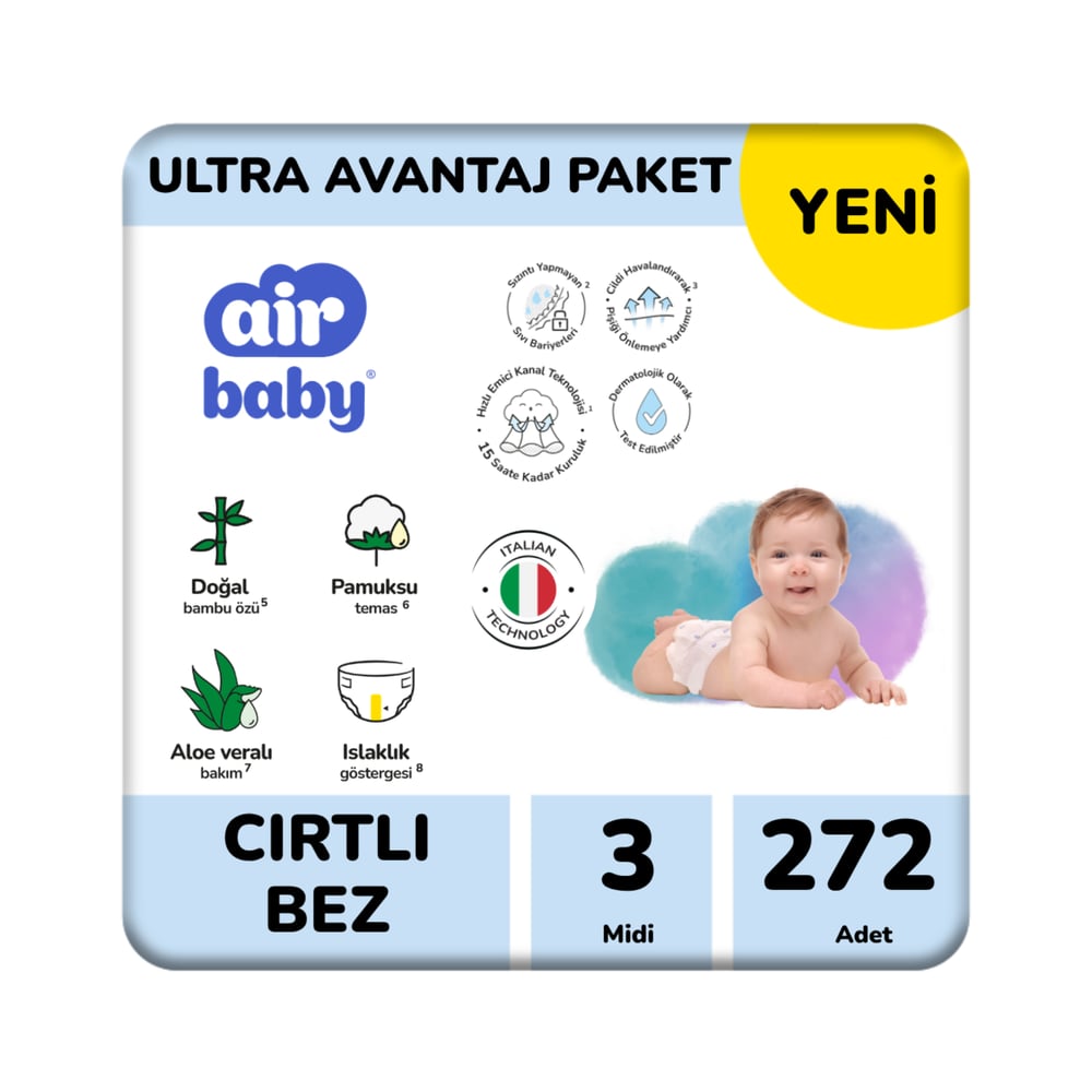 Air Baby Ultra Avantaj Paket Midi Bebek Bezi 3 Numara 272 Adet 4-9 Kg