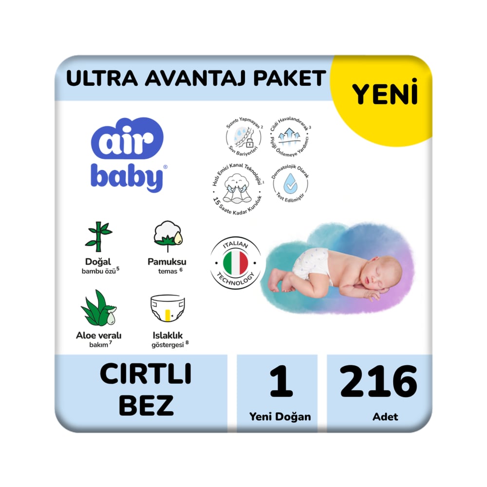 Air Baby Ultra Avantaj Paket Yeni Doğan Bebek Bezi 1 Numara 216 Adet 2-5 kg