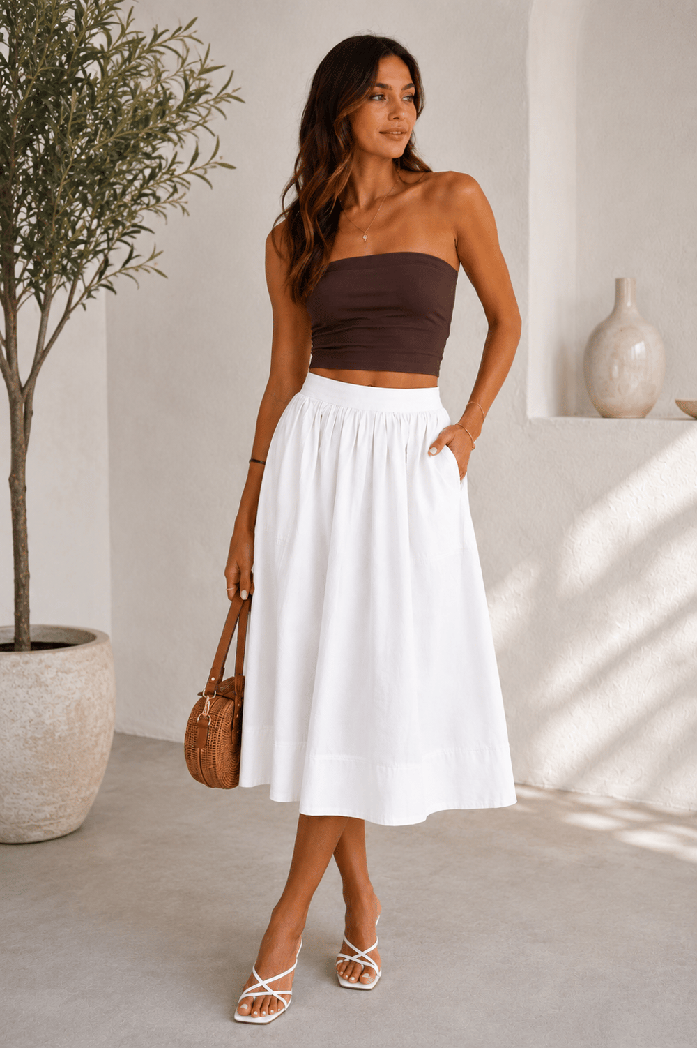 Beli Lastikli Midi Etek – Beyaz