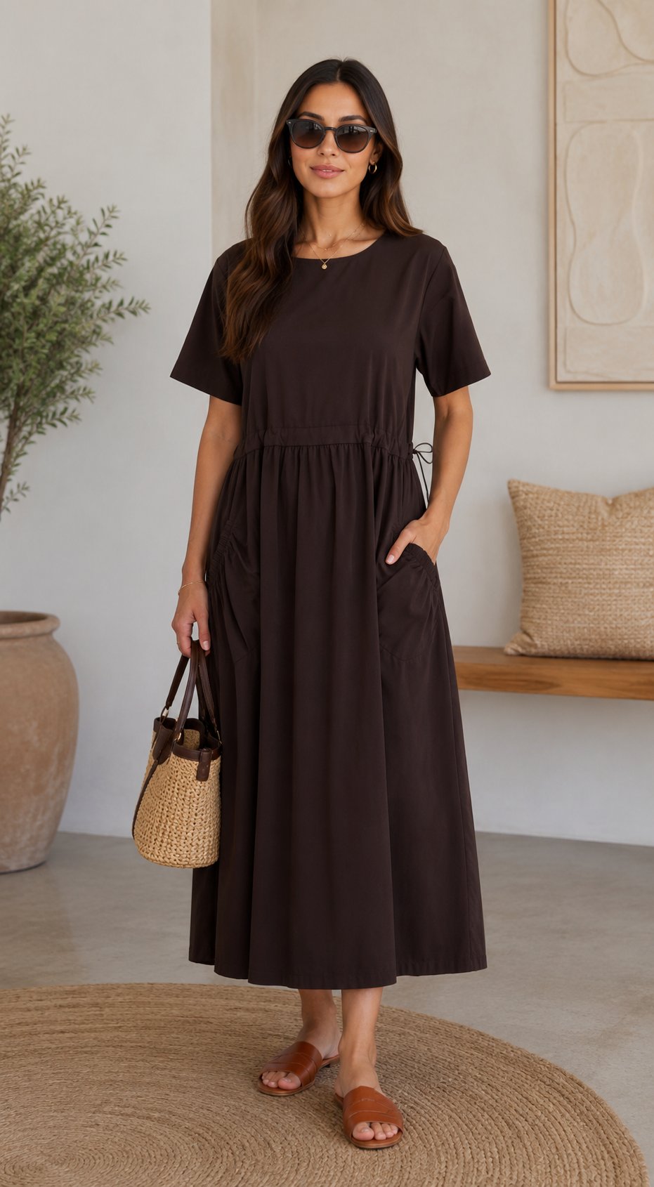 Kahve Poplin Beli Ayarlanabilir Midi Elbise