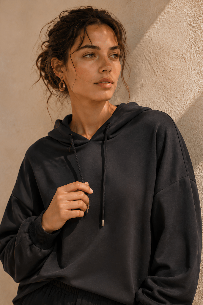 Siyah Modal Saten  Kapüşonlu Sweatshirt Takımı