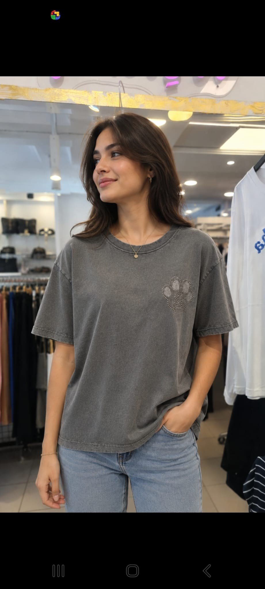 Taşlı Patili Yıkamalı Oversize Tişört - Füme