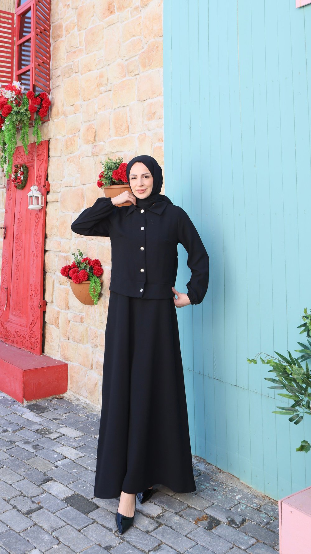Ceketi Düğmeli Jile Elbise Siyah  HNT8590