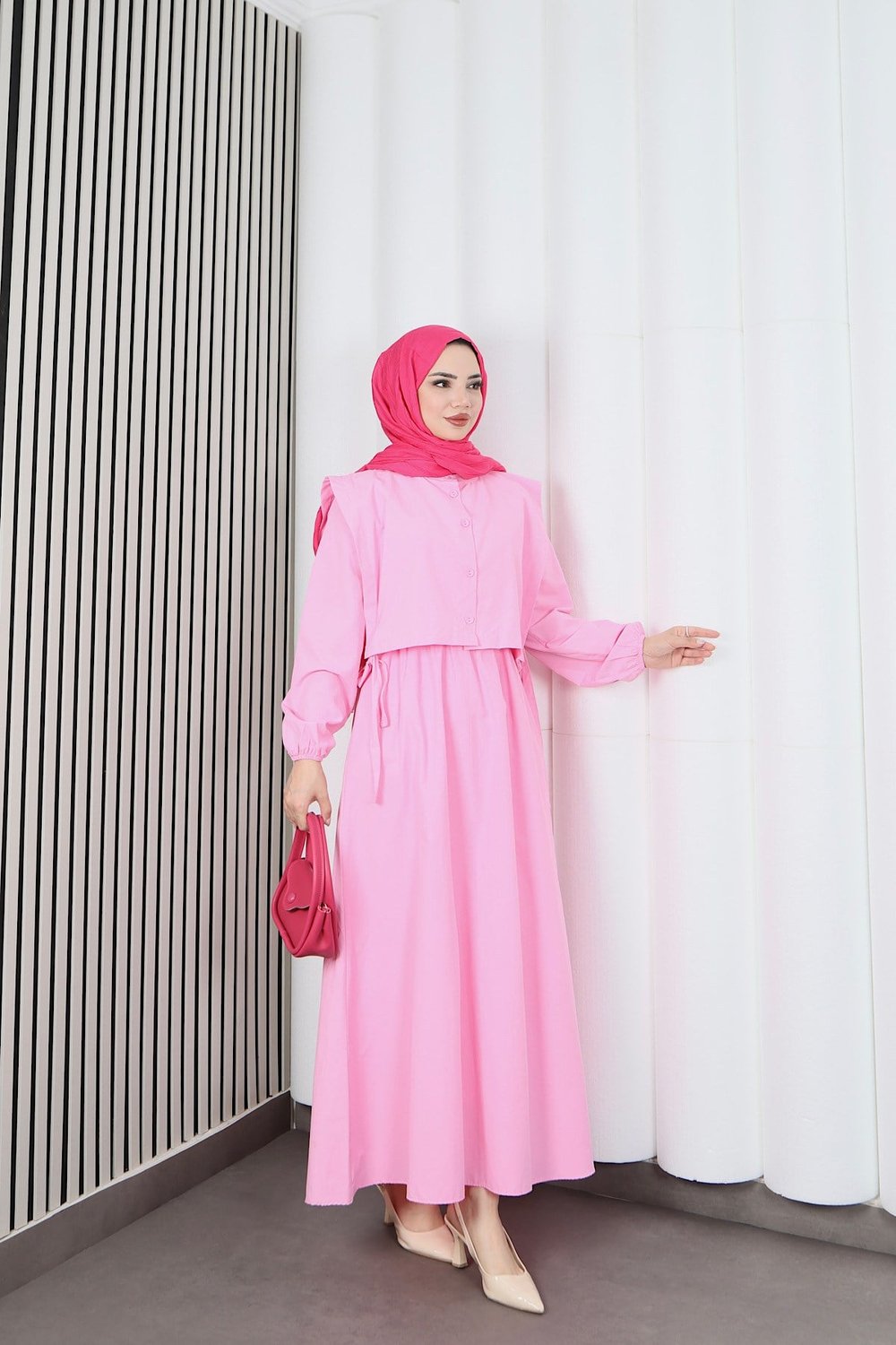 Bolerolu Beli Lastikli Tesettür Elbise Pembe   HNT011